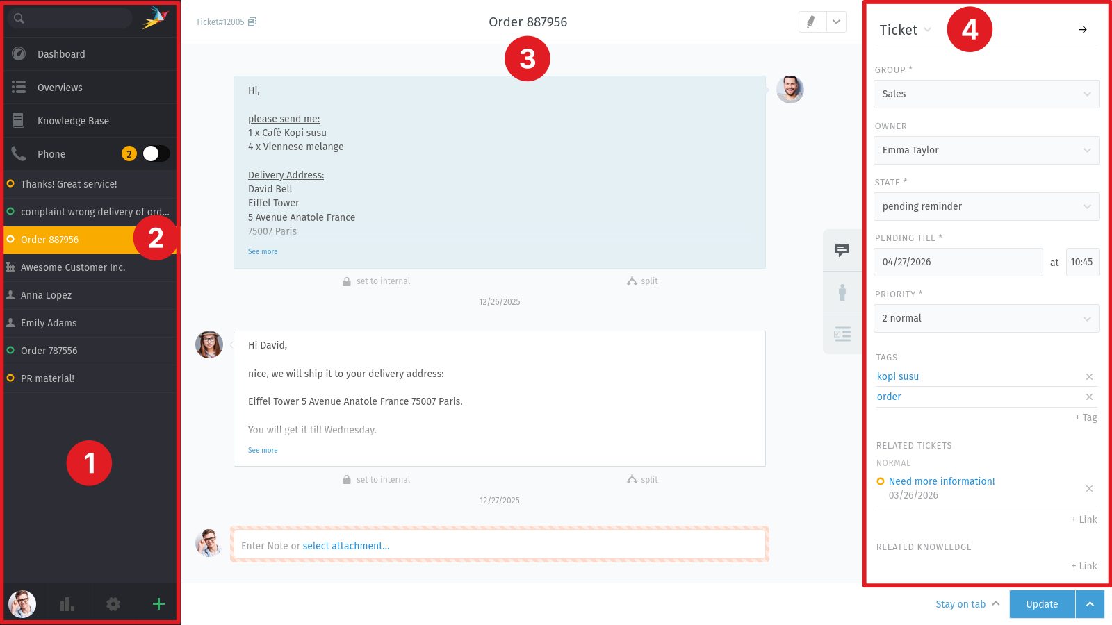 Zammad agent interface with open ticket detail view