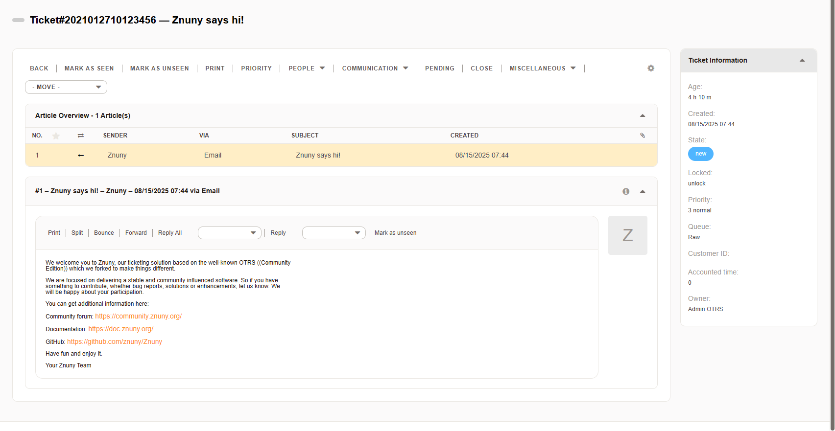 Znuny agent interface with ticket detail view and information bar